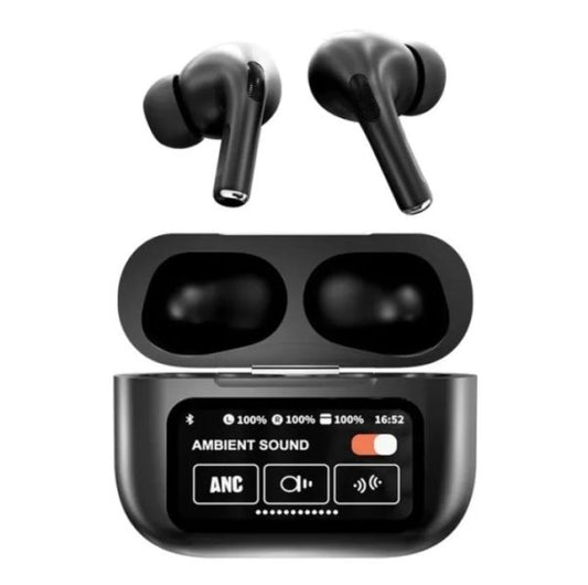 Black wireless earbuds with charging case on a white background