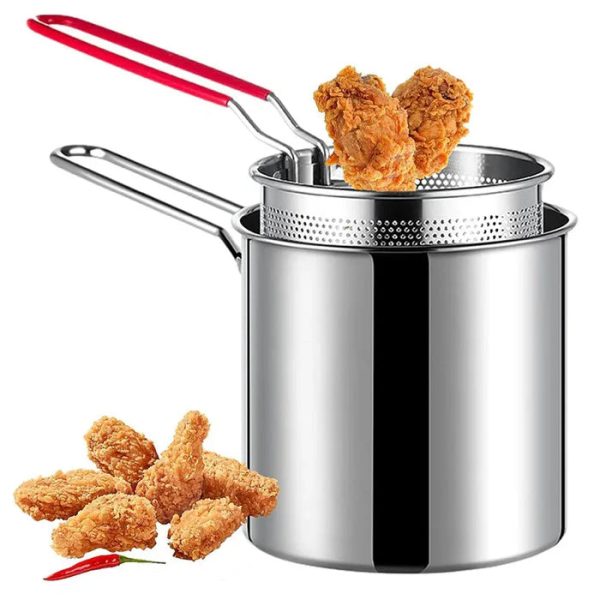304 Stainless Steel Deep Fryer Pot with Strainer - 1200ML Heavy-Duty Frying Pan