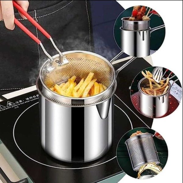 304 Stainless Steel Deep Fryer Pot with Strainer - 1200ML Heavy-Duty Frying Pan