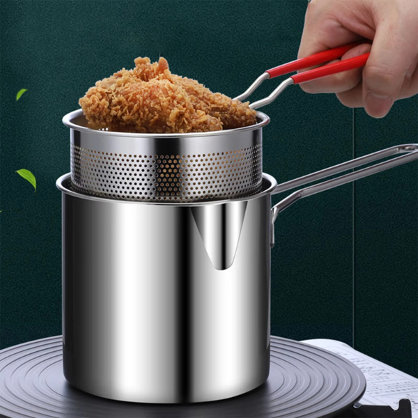 304 Stainless Steel Deep Fryer Pot with Strainer - 1200ML Heavy-Duty Frying Pan