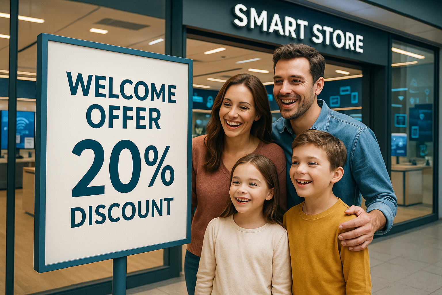 1200*1200px image ,1 smart store one family with smile on the store reading the welcome offer in welcome offer 20% discount 