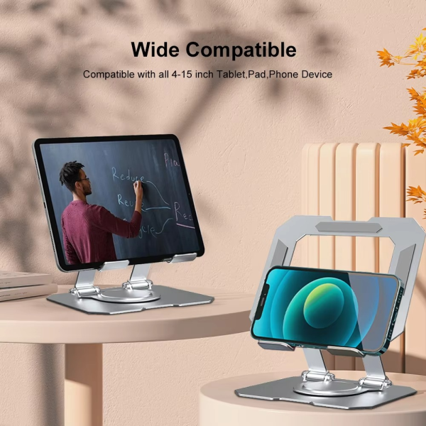 360° Rotating Metal Tablet & Mobile Stand – Adjustable Foldable Portable Desk Mount