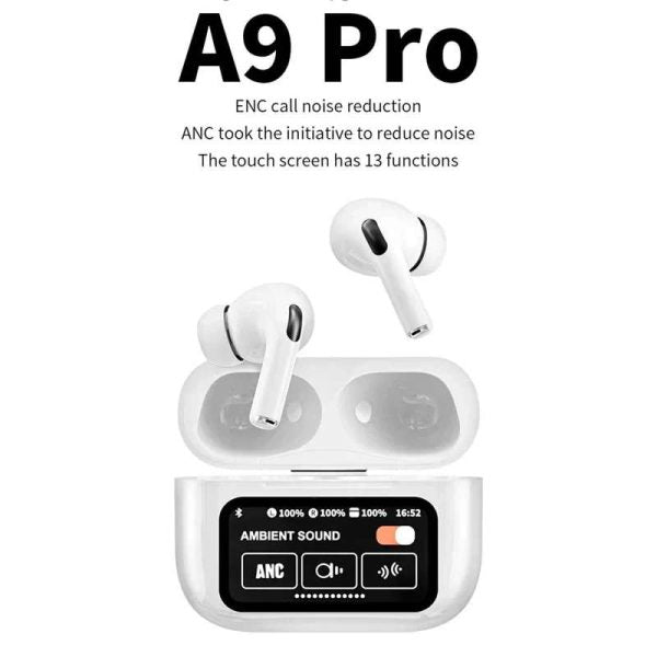A9 Pro Wireless Earbuds with ANC - Matte Black LED Display Earphones