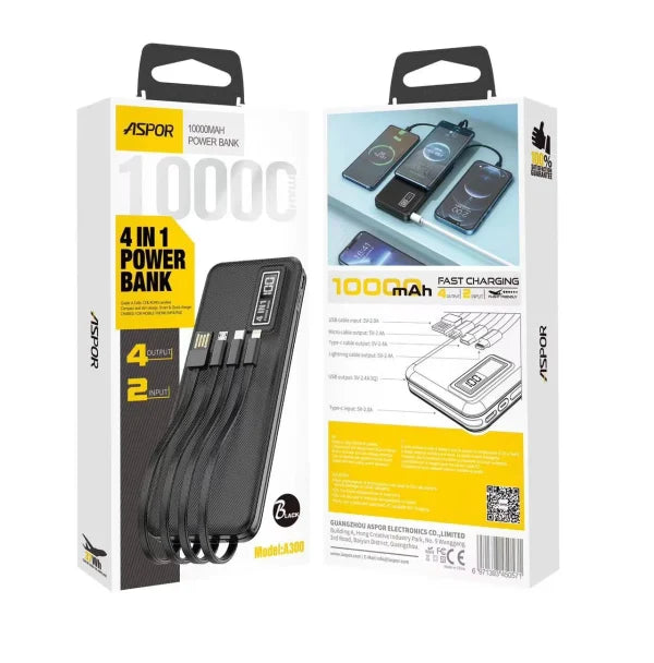 ASPOR A300 10000mAh Li-Polymer Battery 4-in-1 Power Bank