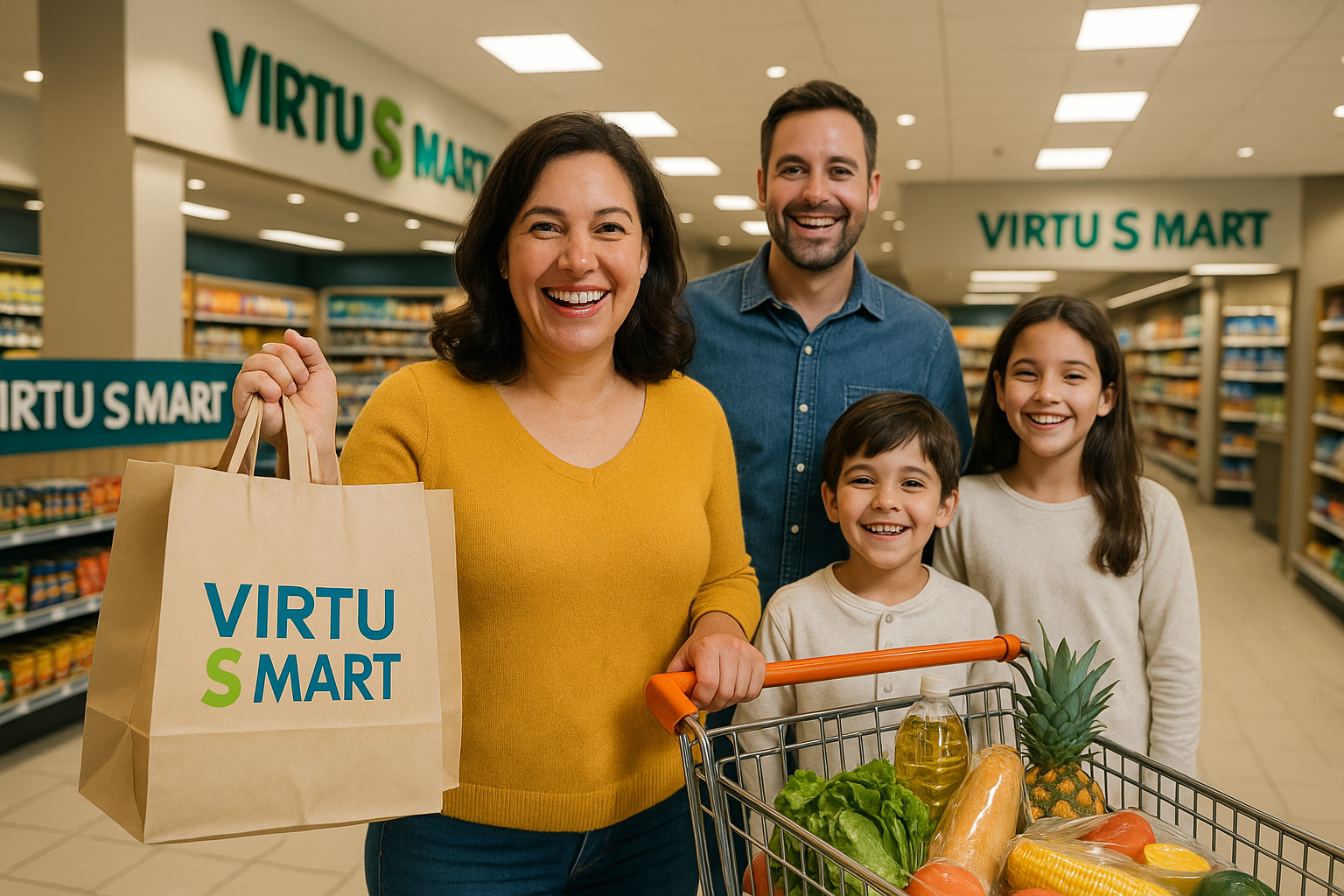 lady in shopping mart with shopping bag,s named by Virtu S Mart  with buy basket with family smile in mart named by Virtu S Mart