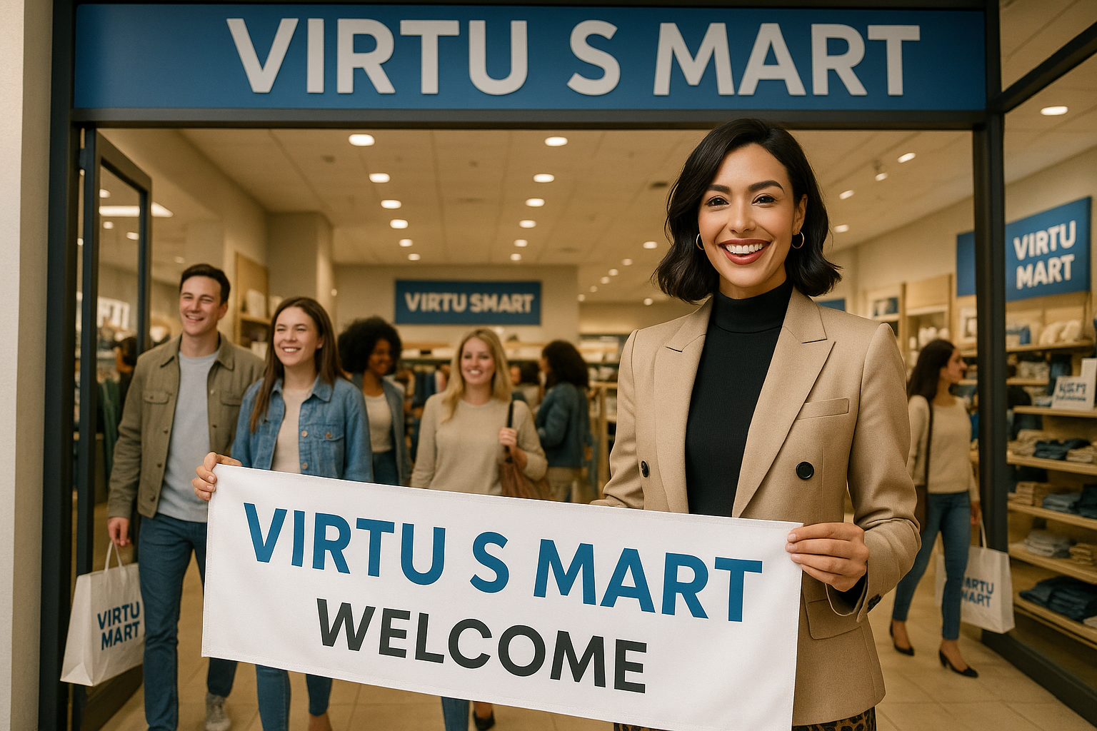 one fashionable lady stand in a mart with smile with welcome banner named by VIRTU S MART SOME PEOPLE COMING IN MART WITH SMILE & SOME PEOPLE GING OUT MART WITH SHOPPING BAG,S NAMED BY VIRTU S MART OTHRT SOME PEOPLR SEING THING BUSY IN MART DIFFERENT PLACE NAME VIRTU S MSRT