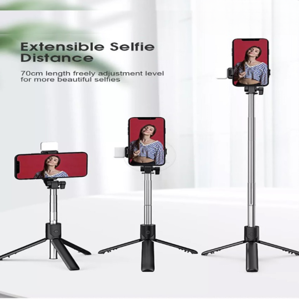 Selfie Stick With LED Light Wireless Bluetooth Foldable Mini Tripod Stand - Black