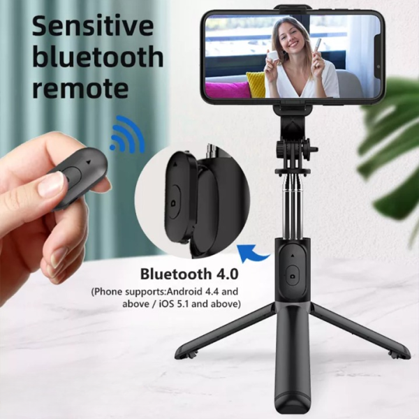 Selfie Stick With LED Light Wireless Bluetooth Foldable Mini Tripod Stand - Black