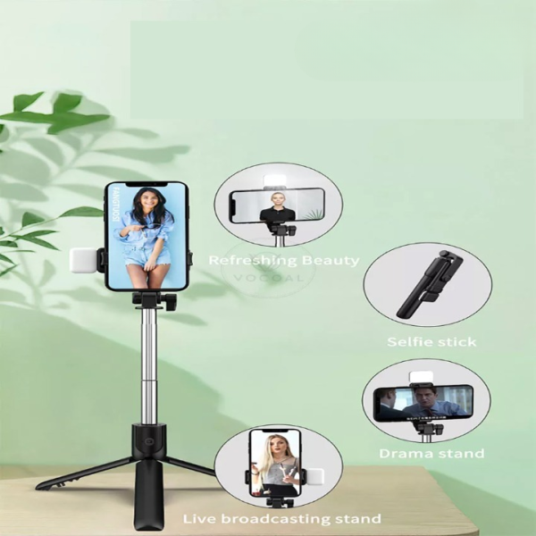 Selfie Stick With LED Light Wireless Bluetooth Foldable Mini Tripod Stand - Black