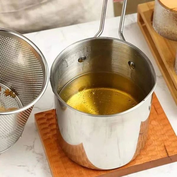 304 Stainless Steel Deep Fryer Pot with Strainer - 1200ML Heavy-Duty Frying Pan